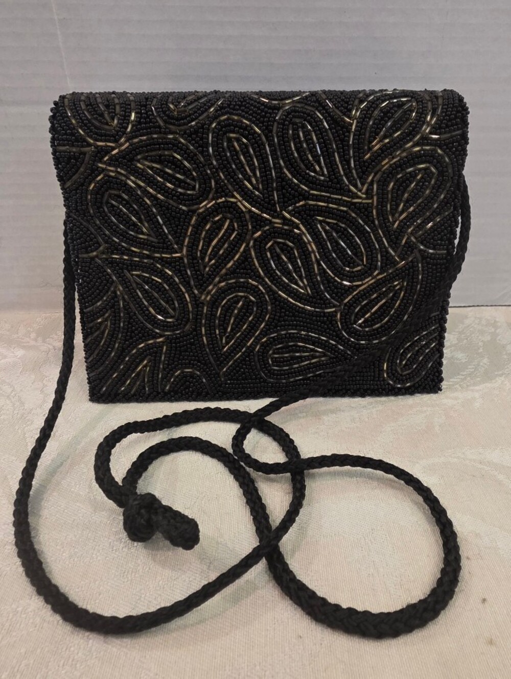 Vintage Black & Bronze Beaded Evening Clutch Teardrop Pattern Black Cord Strap